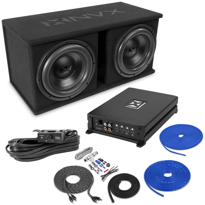 NPKG212 1000W Peak (500W RMS) Loaded Dual 12" Subwoofer with Slot Ported Enclosure and Monoblock Amplifier with Remote Bass Knob and Amplifier Wiring Kit