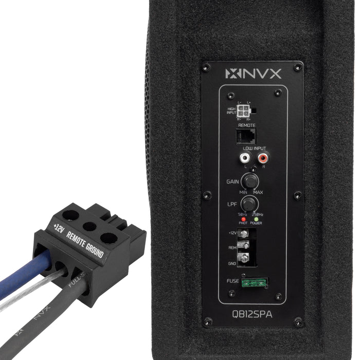 QB12SPA 1200W Peak (350W RMS) Single 12" Amplified Ported Loaded Subwoofer Enclosure with Remote Bass Knob and Amplifier Wiring Kit