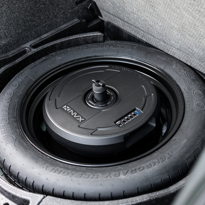 QBSTA 900W Peak (300W RMS) 11" Quick Bass Spare Tire Amplified Subwoofer System with Remote Bass Level Control and Amplifier Wiring Kit