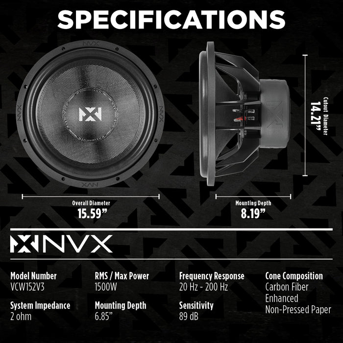 VCW152 Version 3 (VCW152v3) 3000W Peak (1500W RMS) 15" VC-Series v3 Dual 2-Ohm Subwoofer